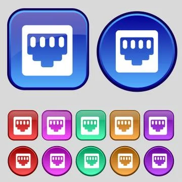 Cable rj45, Patch Cord icon sign. A set of twelve vintage buttons for your de Illustrazione stock