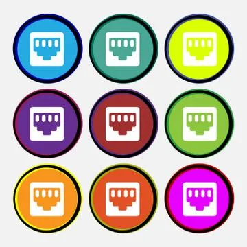 Cable rj45, Patch Cord icon sign. Nine multi-colored round buttons. Vector Illustrazione stock