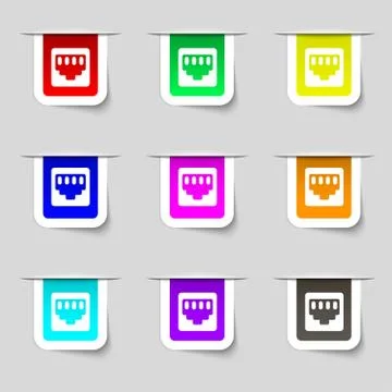 Cable rj45, Patch Cord icon sign. Set of multicolored modern labels for your des Illustrazione stock