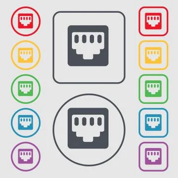 Cable rj45, Patch Cord icon sign. symbol on the Round and square buttons with fr Illustrazione stock