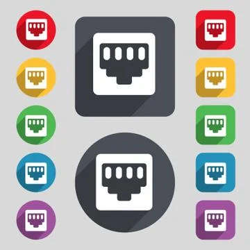 Cable rj45, Patch Cord icon sign. A set of 12 colored buttons and a long shadow. Illustrazione stock