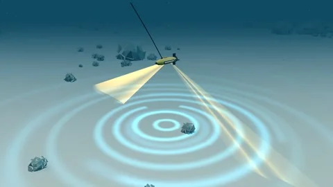 Cable route side scan sonar towfish survey wide shot loop Stock Footage 345053408