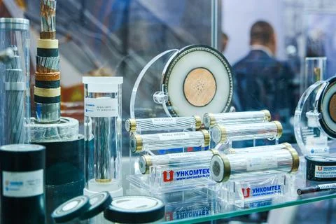 Cable samples displayed at industrial exhibition. Cross section analysis of Fotos Stock