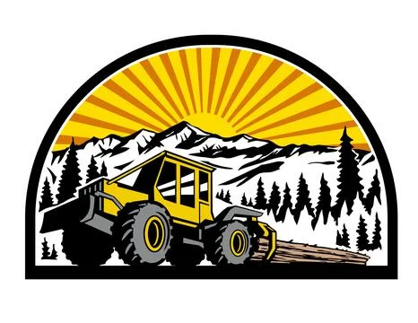 Cable Skidder Pulling Tree with Mountains in Half Circle Retro Style Illustrazione stock