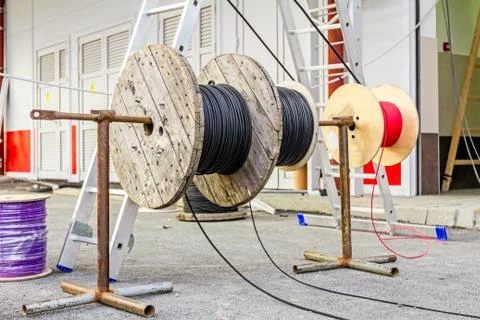 Cable spool, Coil at construction site Stock Photos