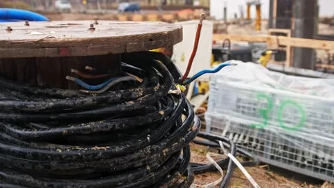 Cable Spool Reel of Thick Industrial Heavy Duty Electric Power Wires Stock Footage 170842739