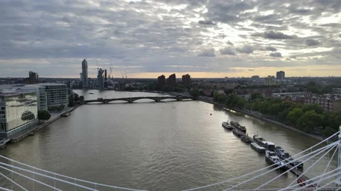 Cable-stayed Albert Bridge over Thames river against cloudy sky Stock-Footage 160172429