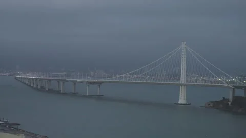 Cable-Stayed Bay Bridge From Elevated Foreground Buildings Dusk Stock-Footage 344912247