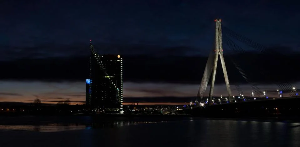 Cable-stayed bridge across Daugava river in Riga, Latvia. Stock Photos