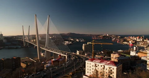 Cable-stayed bridge across the Golden Horn Bay to Russky Island, Vladivostok Stock Footage 47090001