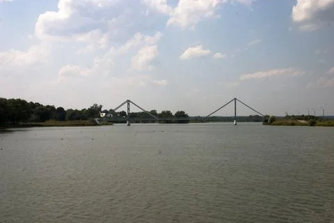 Cable-stayed bridge across the Moscow river in Bronnici, Russia Stock Photos