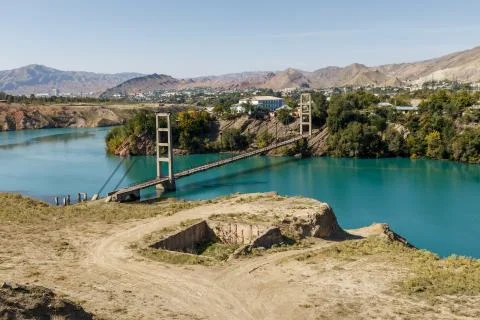 Cable-stayed bridge across the Naryn River Stock Photos