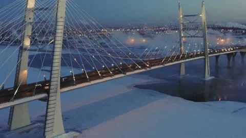 Cable-stayed bridge across the Neva River in winter. Video stock 165563688