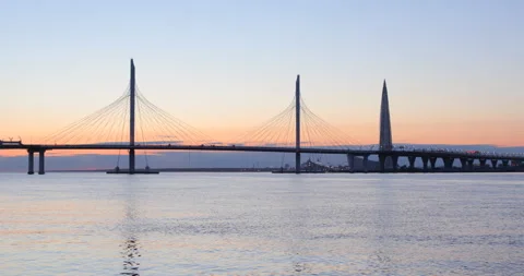 Cable stayed bridge across Petrovsky fairway and Lakhta Center in Stock-Footage 106286768