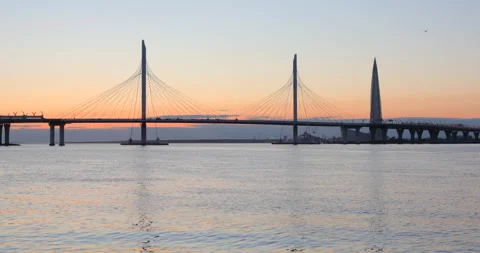 Cable stayed bridge across Petrovsky fairway and Lakhta Center in Stock-Footage 106286923
