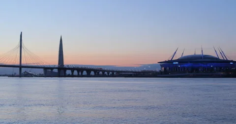 Cable stayed bridge across Petrovsky fairway, Lakhta Center and stadium in Stock Footage 106287002