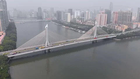 Cable-stayed bridge across the river. Guangzhou China Stock Footage 117884773