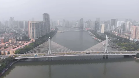 Cable-stayed bridge across the river. Guangzhou China Stock Footage 117885024