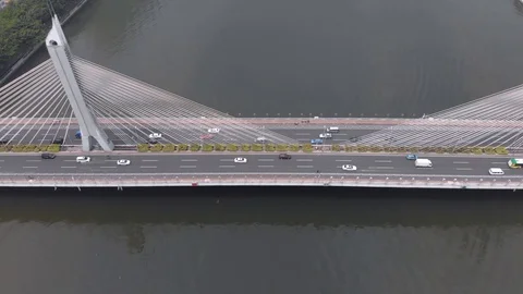 Cable-stayed bridge across the river. Guangzhou China Stock Footage 117885381