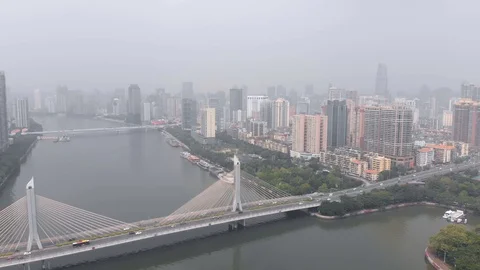 Cable-stayed bridge across the river. Guangzhou China Stock Footage 117885839