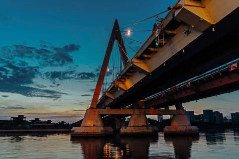 Cable-stayed bridge across the river. The bridge with night lighting in Kazan Stock Photos