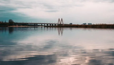 Cable-stayed bridge across the river. Stock Photos