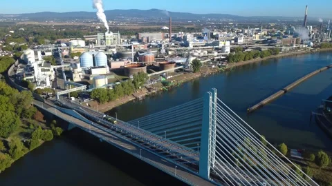 Cable-Stayed Bridge and Chemical Industrial Complex – Aerial Orbit 스톡 동영상 346753304