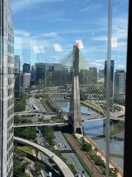 Cable-stayed bridge and downtown So Paulo Stock Photos