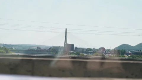 Cable Stayed Bridge and Fast Car Passing Vídeo Stock 346088188