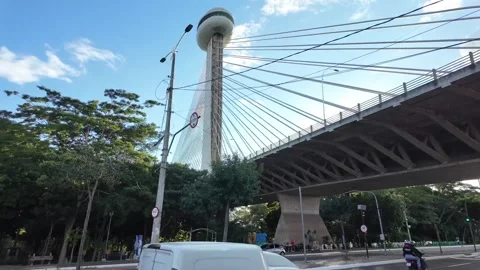 Cable Stayed Bridge and Observation Tower Landmark Under Blue Sky in Teresina Stock Footage 345277043