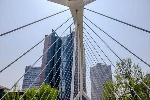 Cable stayed bridge and towers above Beijing riverside Stock Photos