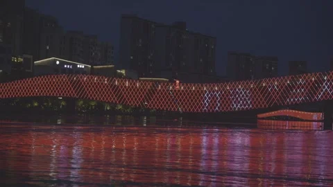 Cable-Stayed Bridge and Waterfront Square Night View in Ji'an Stock-Footage 343592643