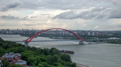 Cable-stayed bridge Bugrinsky over river Ob in Novosibirsk, Russia. Time Lapse Stock Footage 64275667