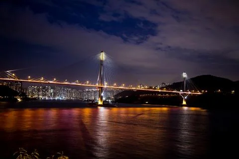 Cable stayed bridge city night reflection skyline Stock Photos