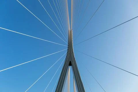 Cable-stayed bridge closeup modern bridge tower with stay cables against a... Foto stock
