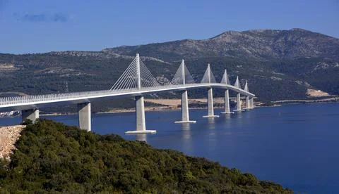 Cable Stayed Bridge Crossing Coastal Bay Croatia Stock Photos