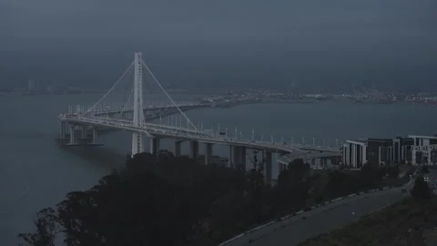 Cable-Stayed Bridge Eastern Span Seen From Wooded Island at Dusk Stockbeeldmateriaal 344912135