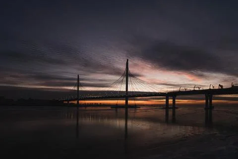 Cable-stayed bridge in the evening at sunset Stock Photos