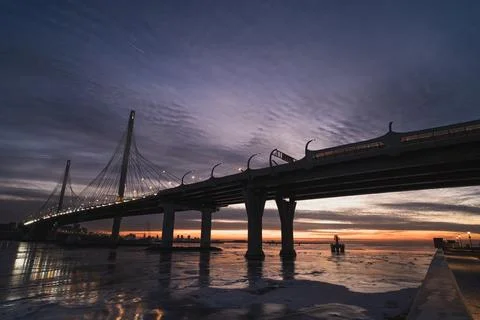 Cable-stayed bridge in the evening at sunset Stock Photos