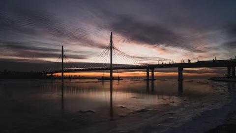 Cable-stayed bridge in the evening at sunset Stock Photos