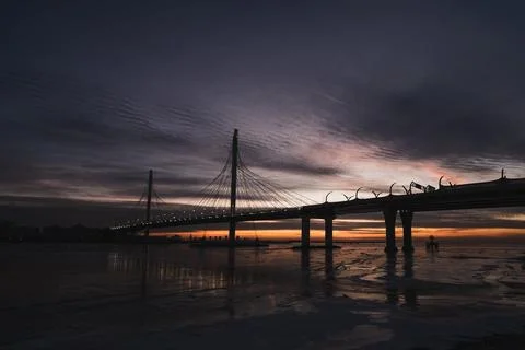 Cable-stayed bridge in the evening at sunset Stock Photos