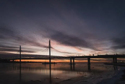 Cable-stayed bridge in the evening at sunset Stock Photos