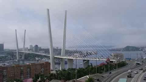 Cable-stayed bridge Golden Bridge in Vladivostok, Russia Stock Footage 225675631