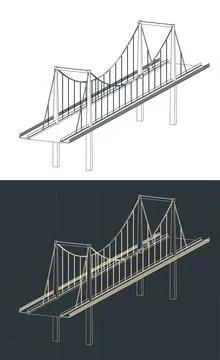 Cable-stayed bridge isometric blueprints Stock Illustration