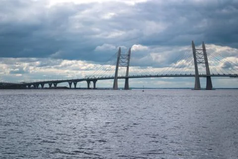 Cable-stayed bridge over Korabelny fairway - part of the Western high-speed d 스톡 사진
