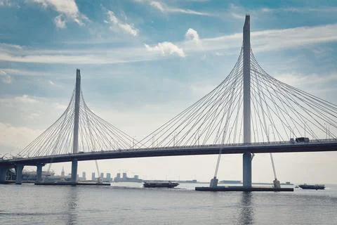 Cable-stayed bridge over the Petrovsky fairway in St. Petersburg Stock Photos
