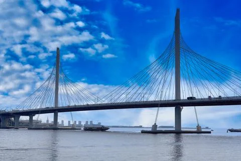Cable-stayed bridge over the Petrovsky fairway in St. Petersburg Stock Photos