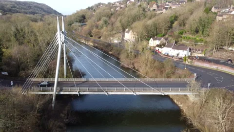 Cable-stayed bridge over the River Severn, Shropshire, UK, 4K Video stock 234800951