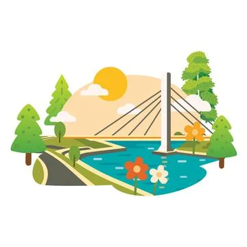 Cable stayed bridge over river with road, trees and flowers. Flat landscape.. Ilustração Stock
