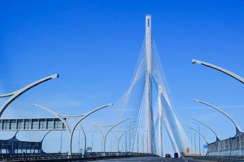 Cable-stayed bridge over the river Stock Photos
